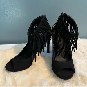 Bongo Black Suede Fringe Heels